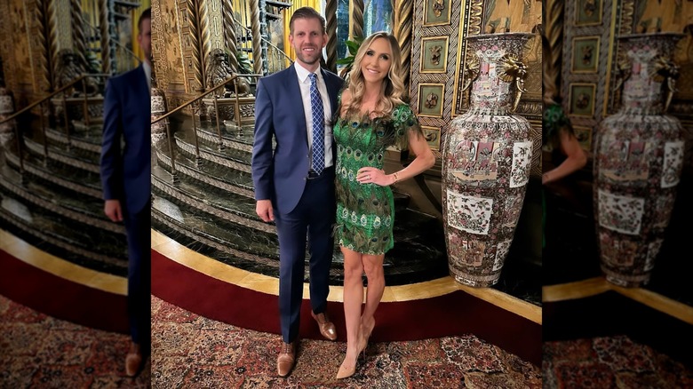 Lara Trump wearing a disturbing dress made of peacock feathers