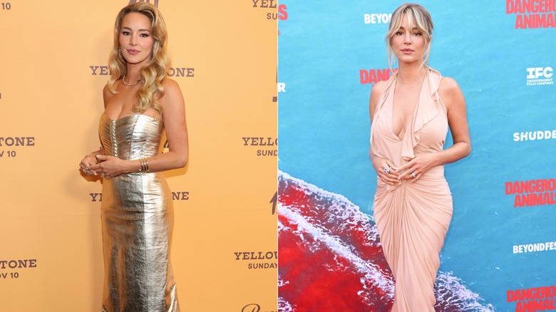 L: Hassie Harrison in a metallic strapless dress with structured blond curls. R: Hassie Harrison with a messy bun and plunging blush dress.