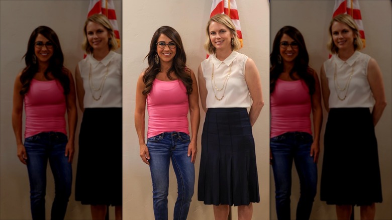 Lauren Boebert wearing a tight pink tank and jeans to a meeting with Commissioner Liz Smith