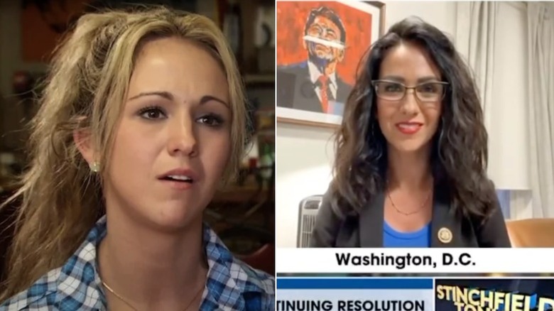 Lauren Boebert with unnatural blonde hair vs Lauren Boebert with natural wavy brunette hair