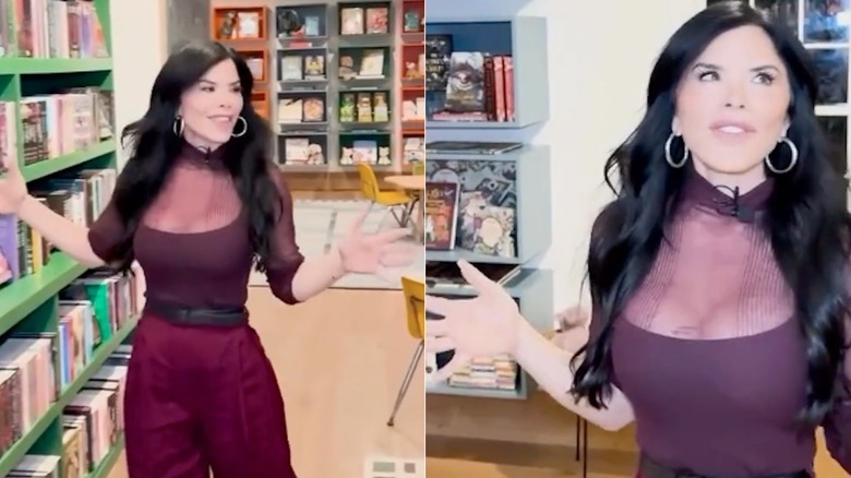 Lauren Sánchez giving a tour of a bookstore in an inappropriate sheer top.