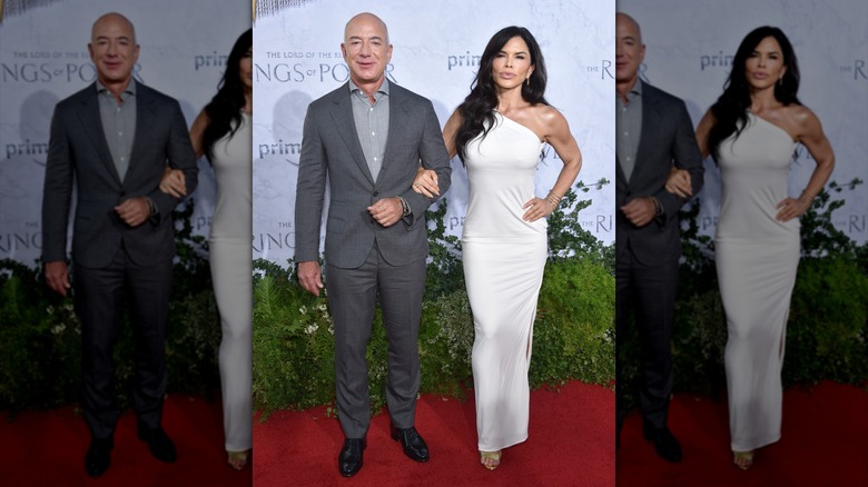 Lauren Sánchez in a white dress next to Jeff Bezos