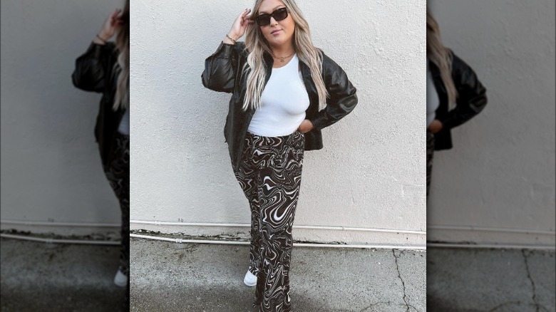 Swirl pants and leather jacket