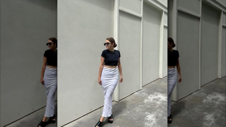 Girl wearing a long skirt.