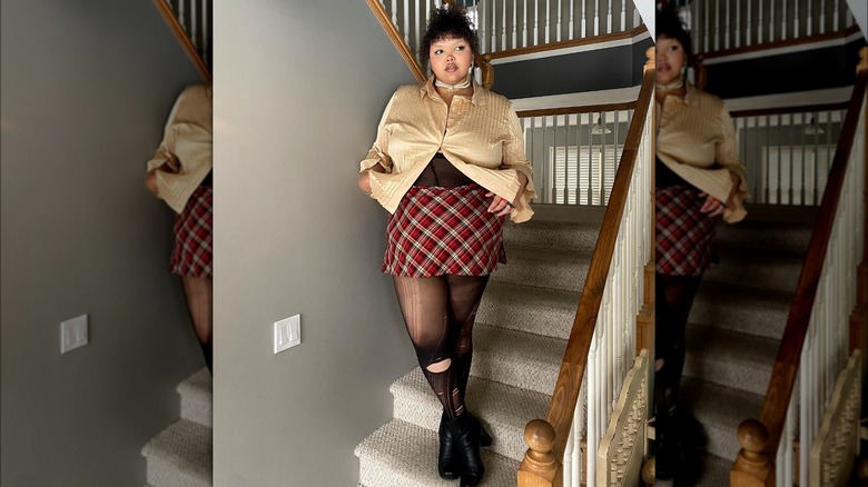 Latte-inspired outfit with red skirt