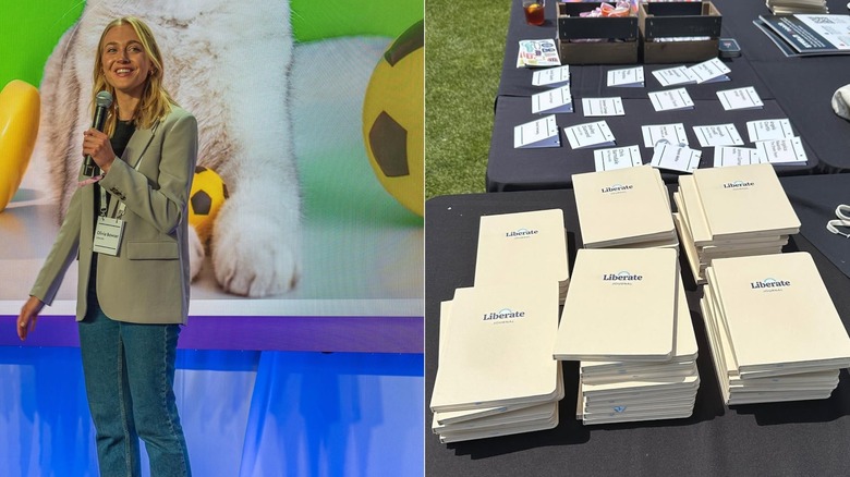 Olivia Bowser holding speaking on stage next to photo of journals