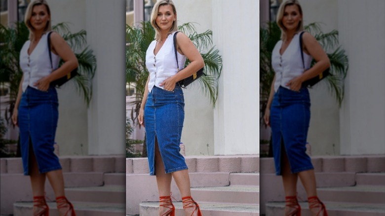 linen vest with denim skirt