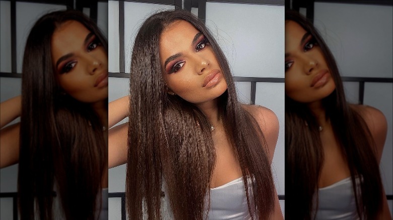 Woman wearing nude lip gloss