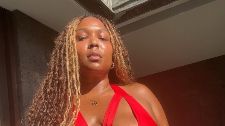 Lizzo posing in a red bathing suit with cutouts