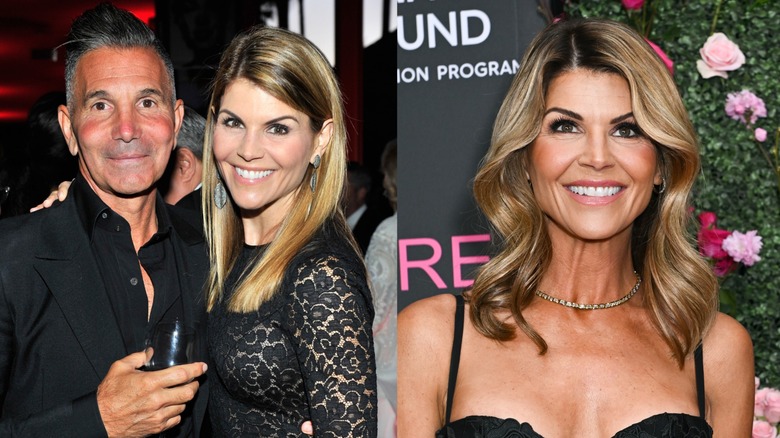 Actor Lori Loughlin pictured with her husband on the left and in a black dress on the right