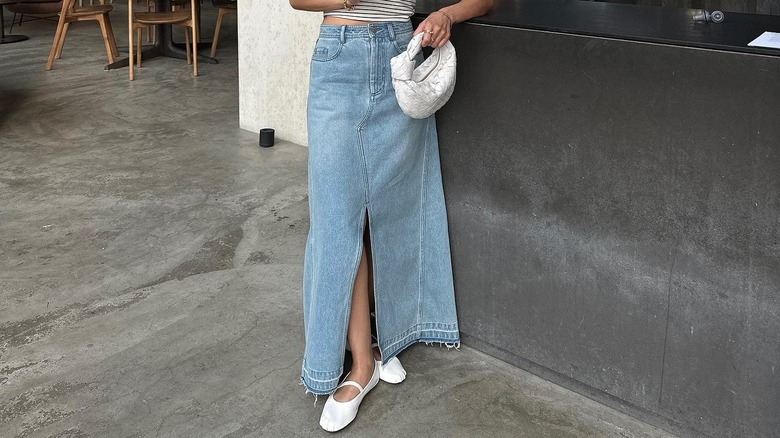 Long denim skirt with slit