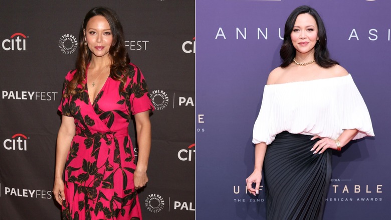 Melissa O'Neil walks the red carpet in a pink floral print dress and a white off the shoulder top with a black skirt