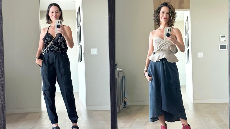 Side-by-side of Wendy Moniz taking outfit selfies.