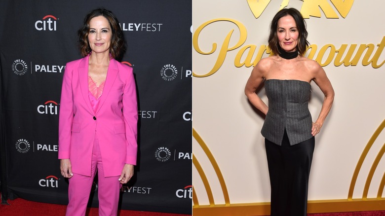 Side-by-side of Wendy Moniz on the red carpet in a pink pantsuit and a pinstripe top.