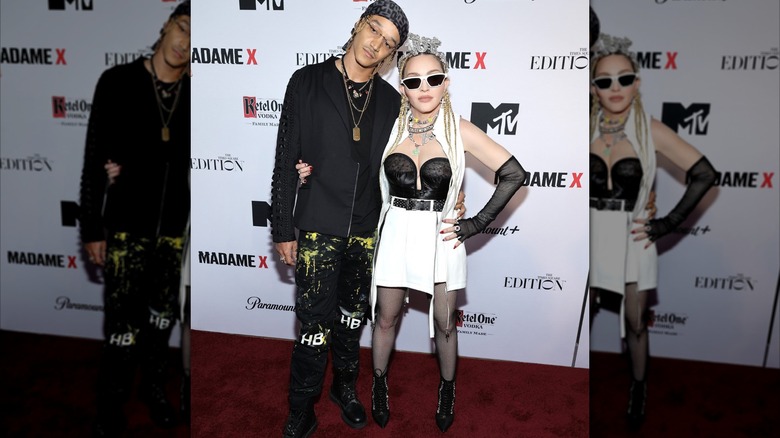 Madonna in 2021 in a black and white ensemble