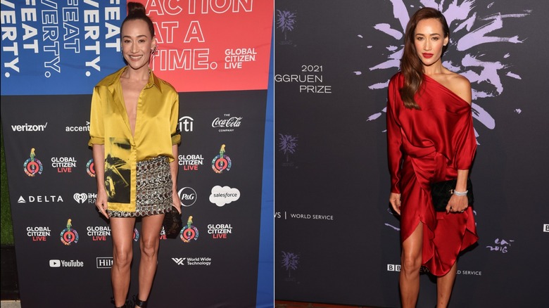 Maggie Q wearing satin outfits on red carpets