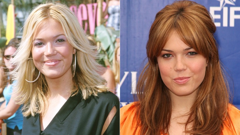 Mandy Moore posing for photos with blond hair and with auburn hair