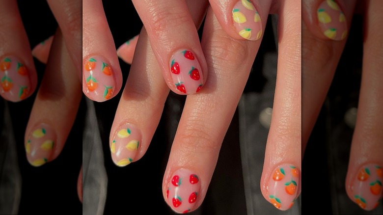 Nude nails with fruit art 