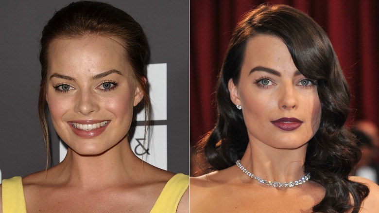 Margot Robbie in 2011 with her natural light-brown hair and with dark-brown hair in 2014