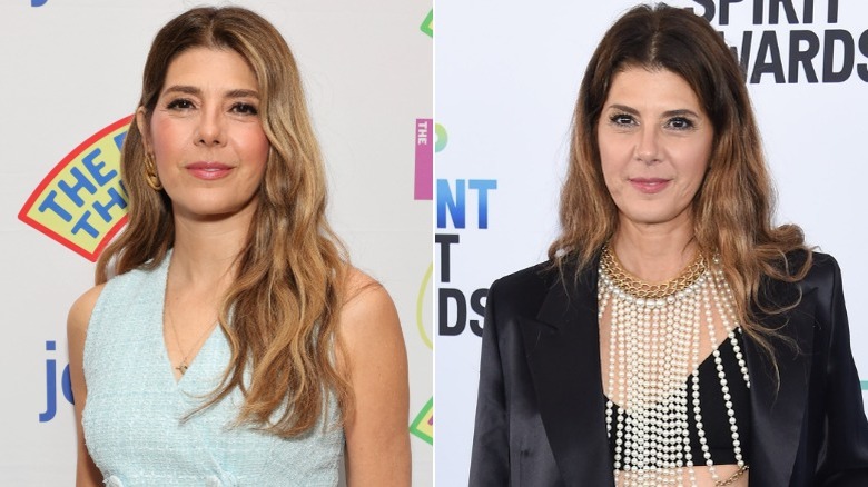 Marissa Tomei with fabulous looking hair and a pearl neckpiece