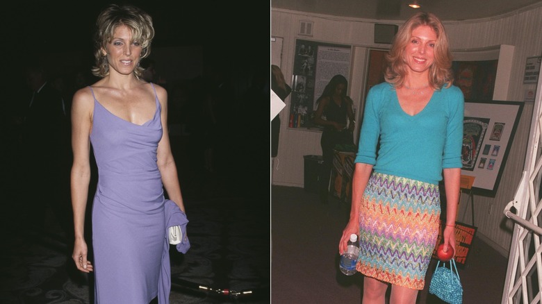 Marla Maples in a purple slip and in a colorful mini with a blue blouse.