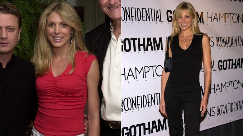 Marla Maples in a bright top and white pants, and in an all-black look