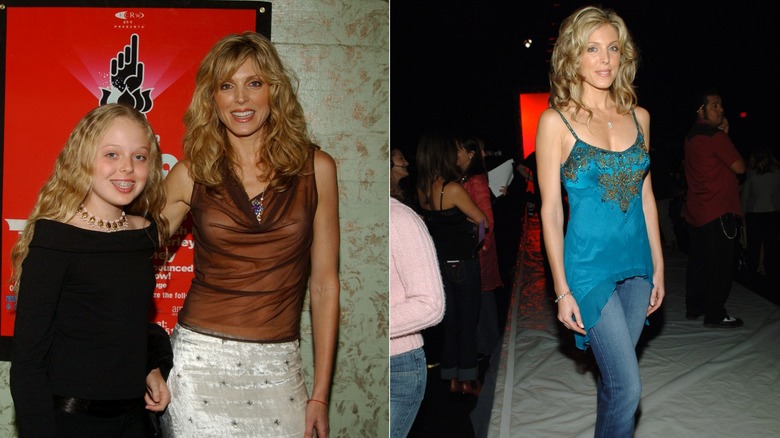 Marla Maples in a sheer cowl neck top and a blue embellished flowy top and jeans