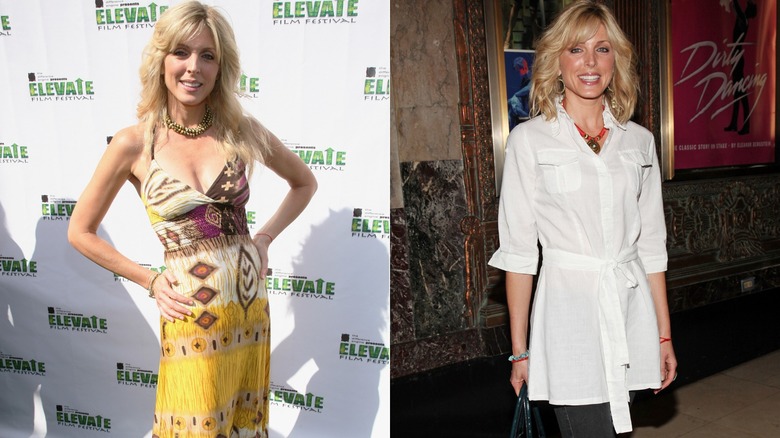 Marla Maples in a bright yellow colorful halter dress, and a white shirt with a chunky necklace
