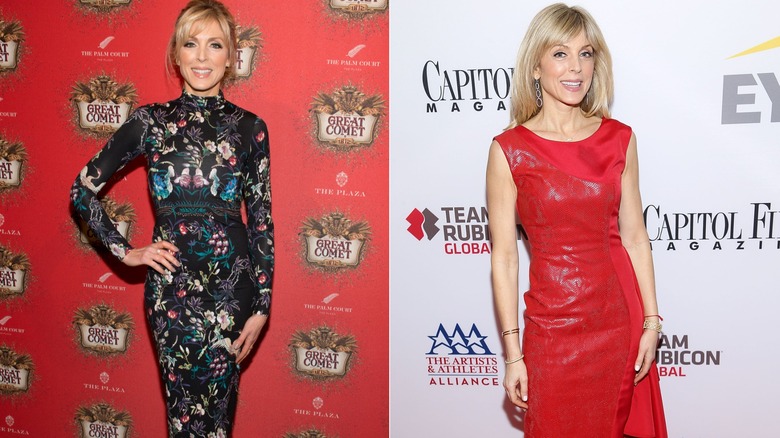 Marla Maples in a patterned dress and in a red satin dress
