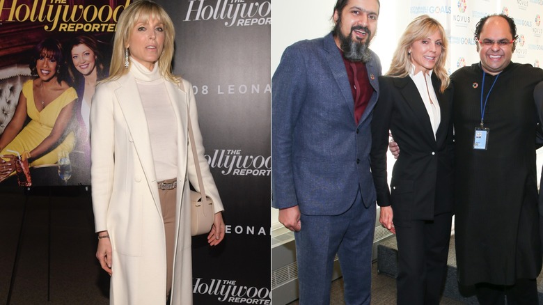 Marla Maples in a white coat and matching turtleneck, and in a black power suit with a white shirt