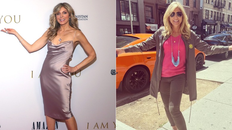 Marla Maples in a mushroom slip and in a pink top with a military jacket and a hanging face mask