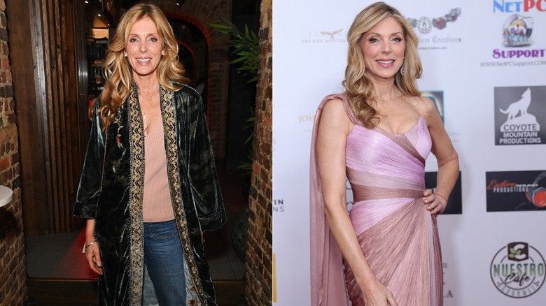 Marla Maples in velvet outerwear and in a purple-toned column dress