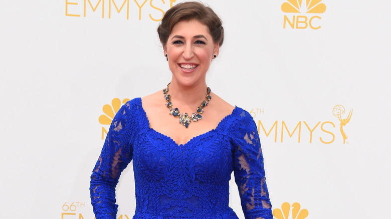 Mayim Bialik in a blue lace dress at the Emmys