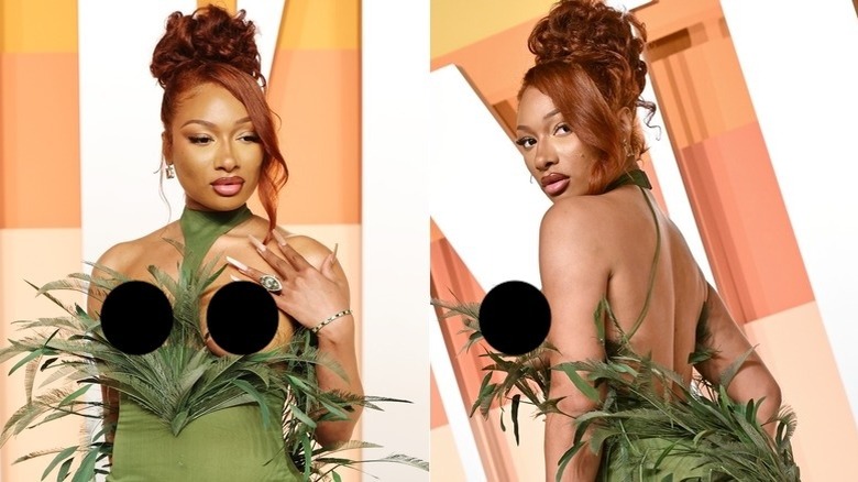 Megan Thee Stallion wearing a green dress with the breasts entirely cut out at the Vanity Fair Oscar Party