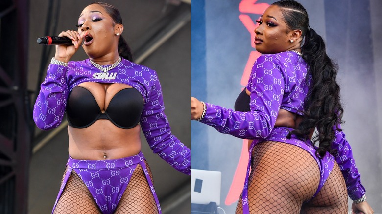 Megan Thee Stallion wearing a purple two piece at Lil Weezyana while performing on stage