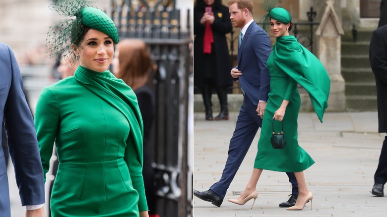 Meghan Markle wearing bright green with Prince Harry outside Westminster Abbey