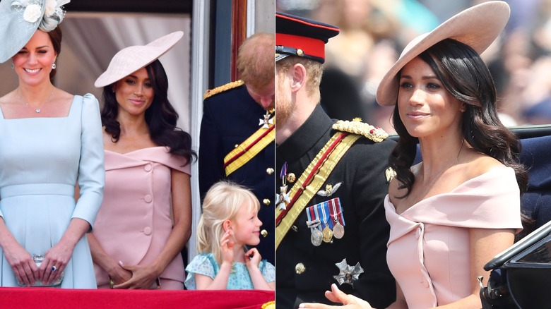 Meghan Markle wearing a pink Carolina Herrera outfit and hat during Trooping the Colour