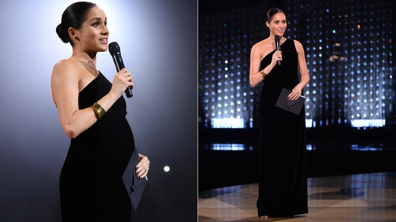 Meghan Markle wearing a one-shoulder black dress