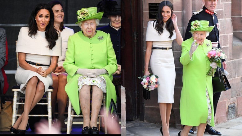 Meghan Markle wearing a cream dress with Queen Elizabeth II in 2018