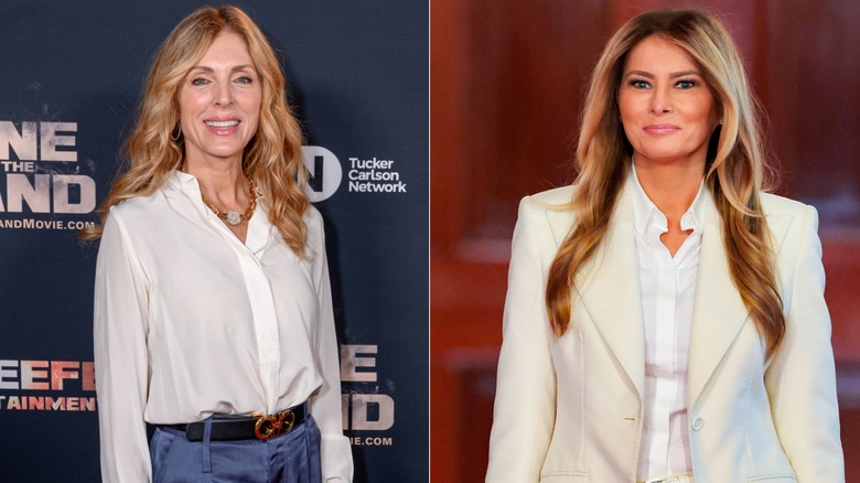 Side by side image of Marla Maples and Melania Trump, both in white shirts