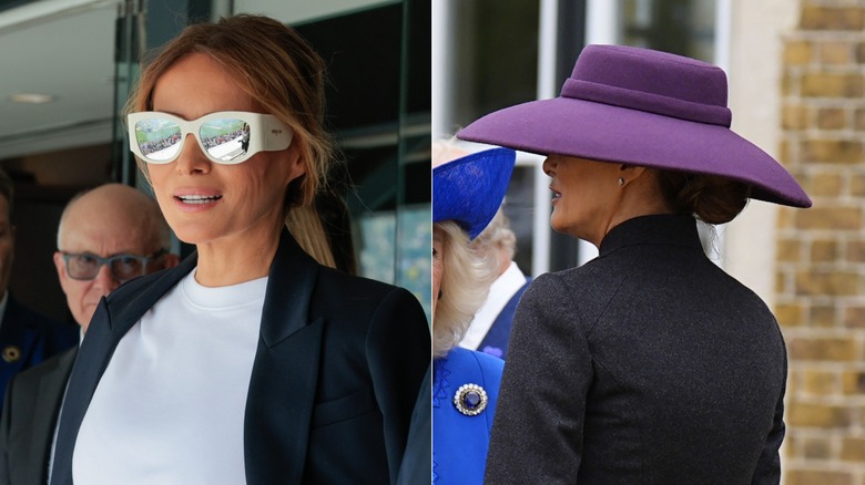A side-by-side of two Melania Trump looks from the waist up. Left: Melania sports a pair of large white sunglasses with mirrored lenses, a white dress, and a black blazer perched on her shoulders. Right: Melania is wearing a wide-brimmed purple hat that curves downward, covering her eyes. She is also wearing a high-collared dark grey dress.