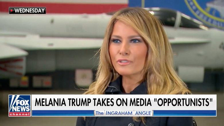 Melania Trump with blond highlights speaking to Fox News.