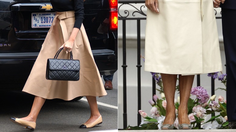 Melania Trump wearing two-toned Chanel flats in Manhattan in 2023, vs Melania Trump wearing Roger Vivier heels at the White House in 2025