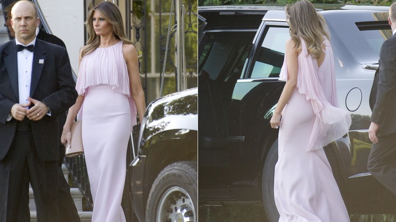 Melania Trump wearing a flowy pink chiffon gown to Steven Mnuchin and Louise Linton's 2017 wedding