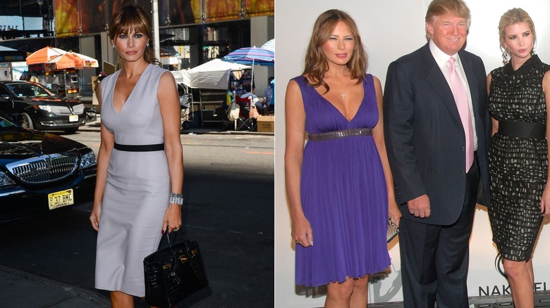 Melania Trump wearing a dress with a belt next to Melania Trump wearing a belted dress posing next to Donald Trump and Ivanka Trump