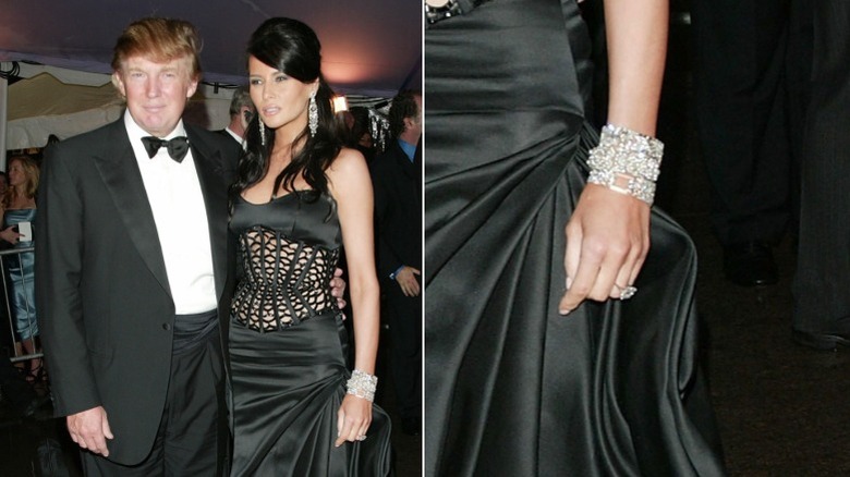 Melania and Donald Trump at the 2004 Met Gala, and a close up of Melania's ring