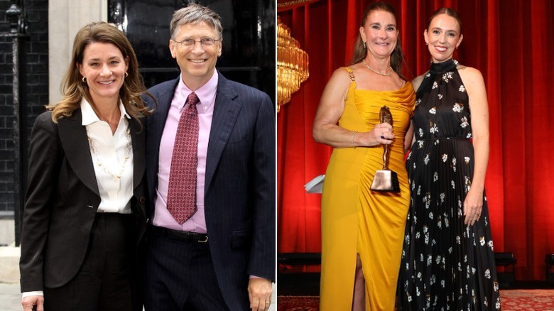 Melinda French Gates wearing a suit with Bill Gates in 2010 on the left, and Melinda French Gates wearing a bold yellow dress in 2025 on the right