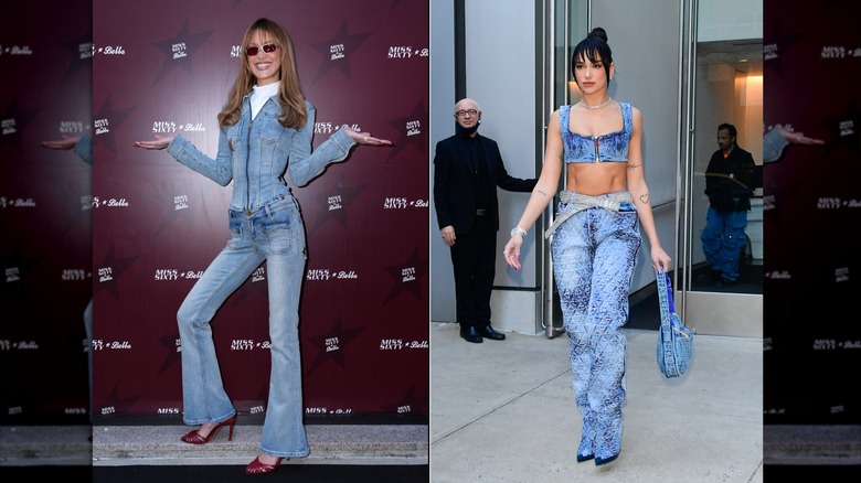 Split imge of Bella Hadid wearing an all-denim suit on the left and Dua Lipa wearing a denim outfit on the right.