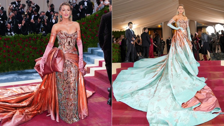 Blake Lively's dress transforms from copper to teal at the 2022 Met Gala