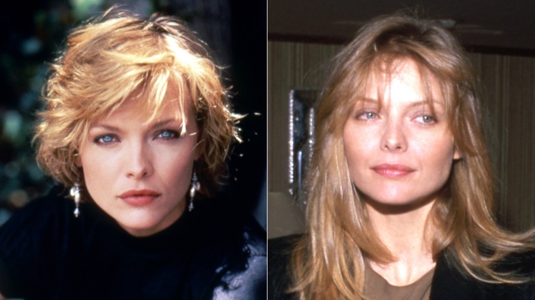 Side-by-side images of Michelle Pfeiffer with a long pixie and shoulder length hair